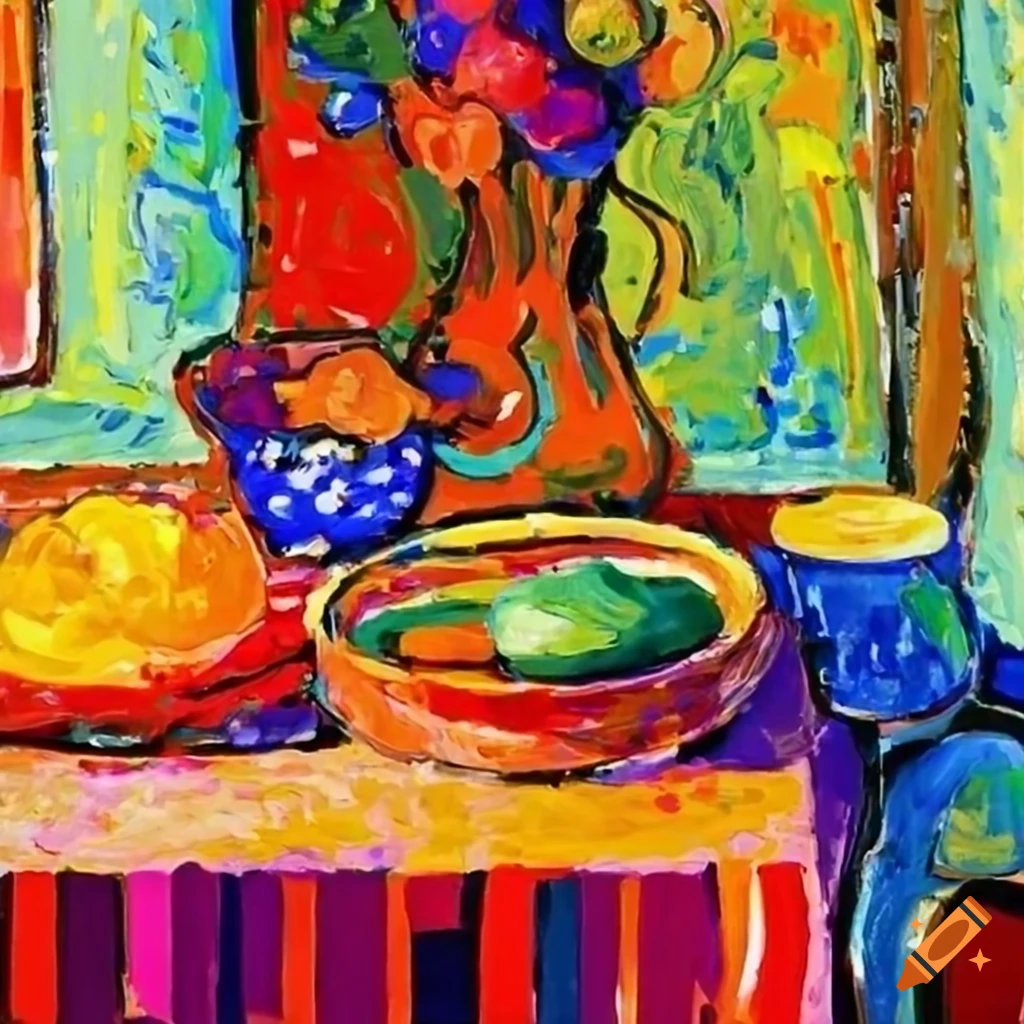 Colorful and detailed kitchen table with a joyful cooking atmosphere in fauvism style