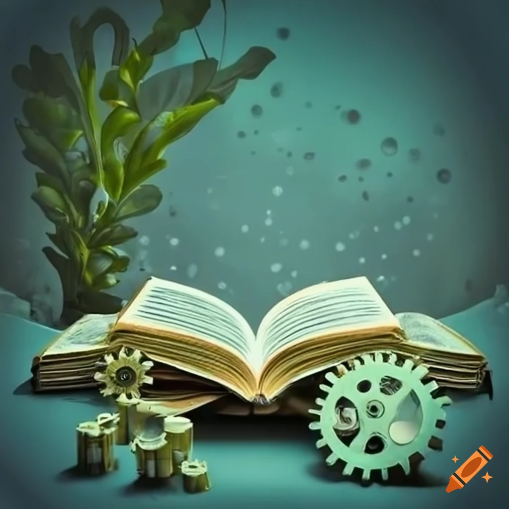 Open book surrounded by intricate gears and plants