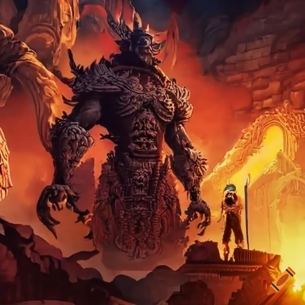 Powerful beings chained at the entrance of a grand temple or fortress
