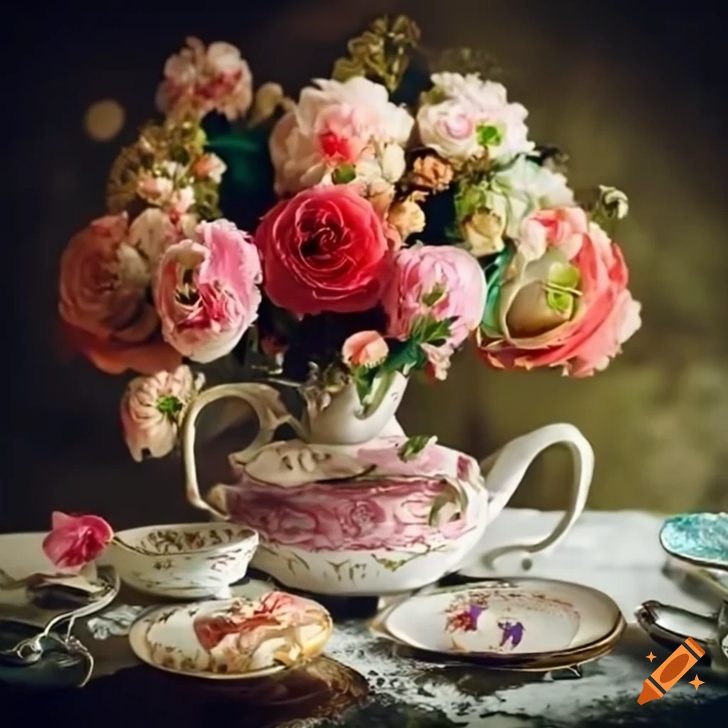 Surreal rococo tea party with Dutch master flower arrangement