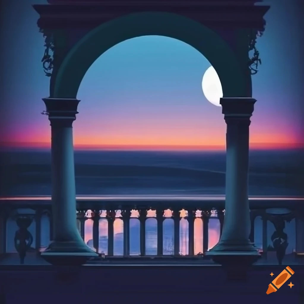 View from a Renaissance balcony at night with moonlight