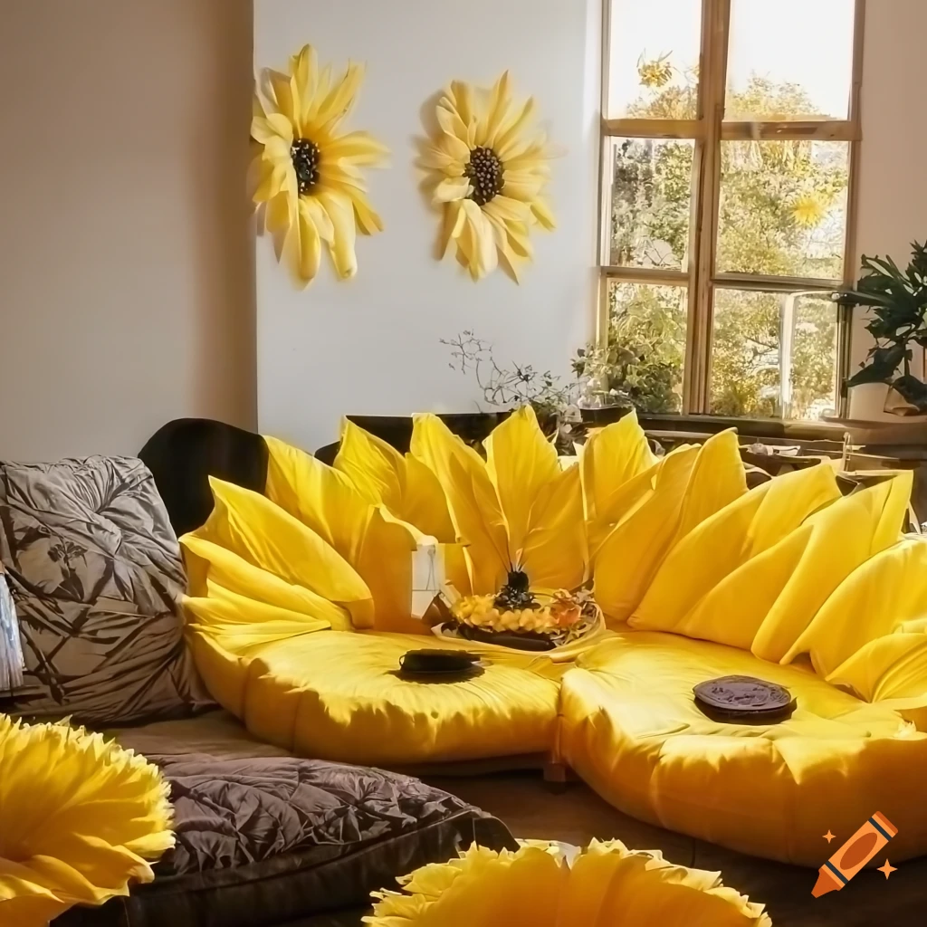 Sunflower-shaped sofa with warm sunset lighting in high definition ...