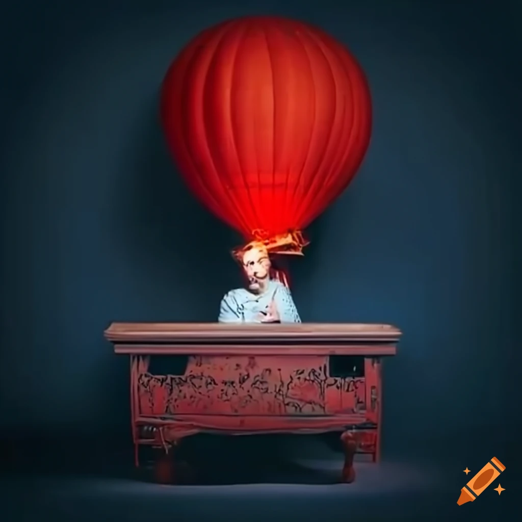 Man sitting at a piano watching a red hot air balloon