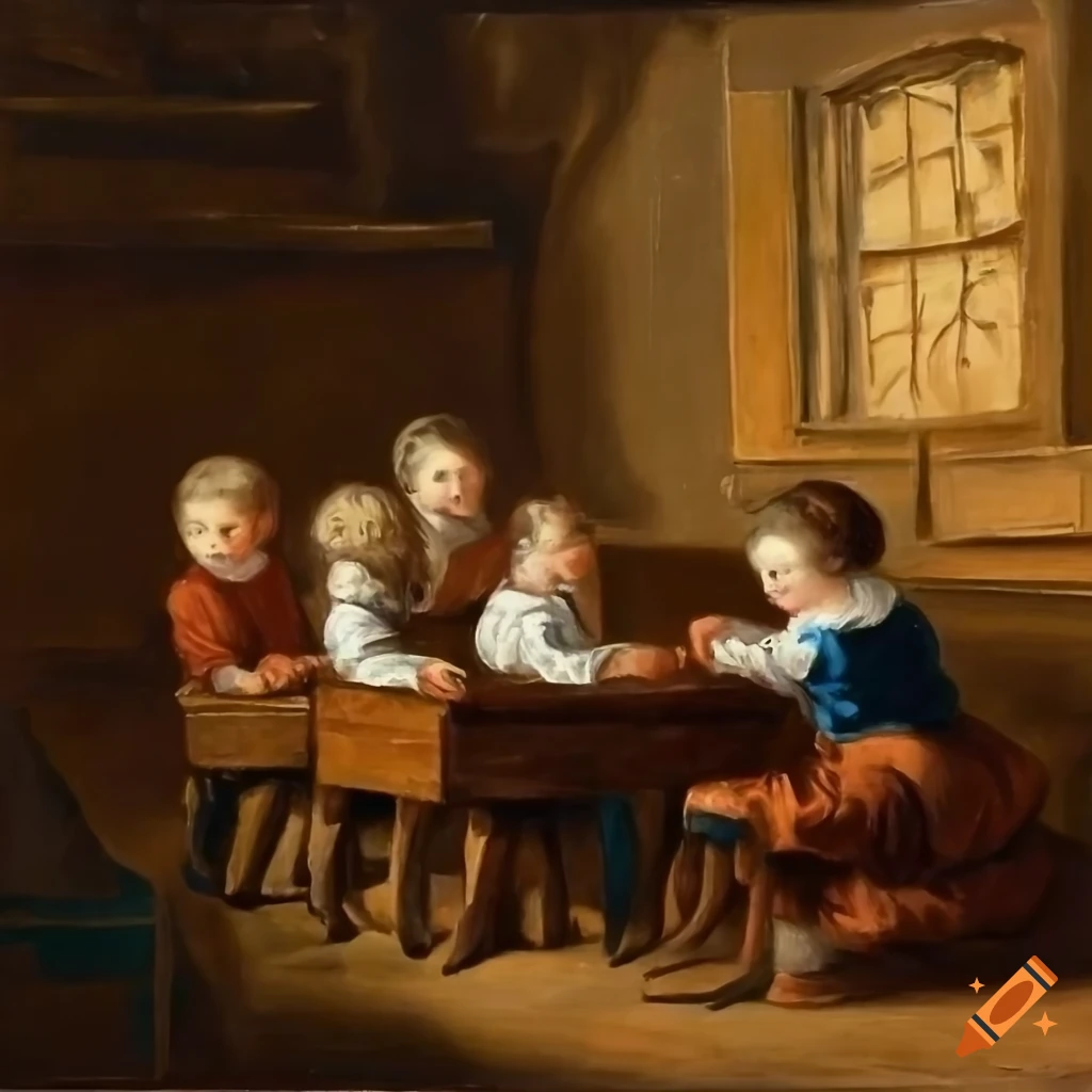 17th century village school classroom in an oil painting