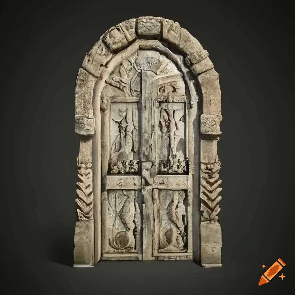 Massive pale stone dungeon door with ornate carvings and gemstones