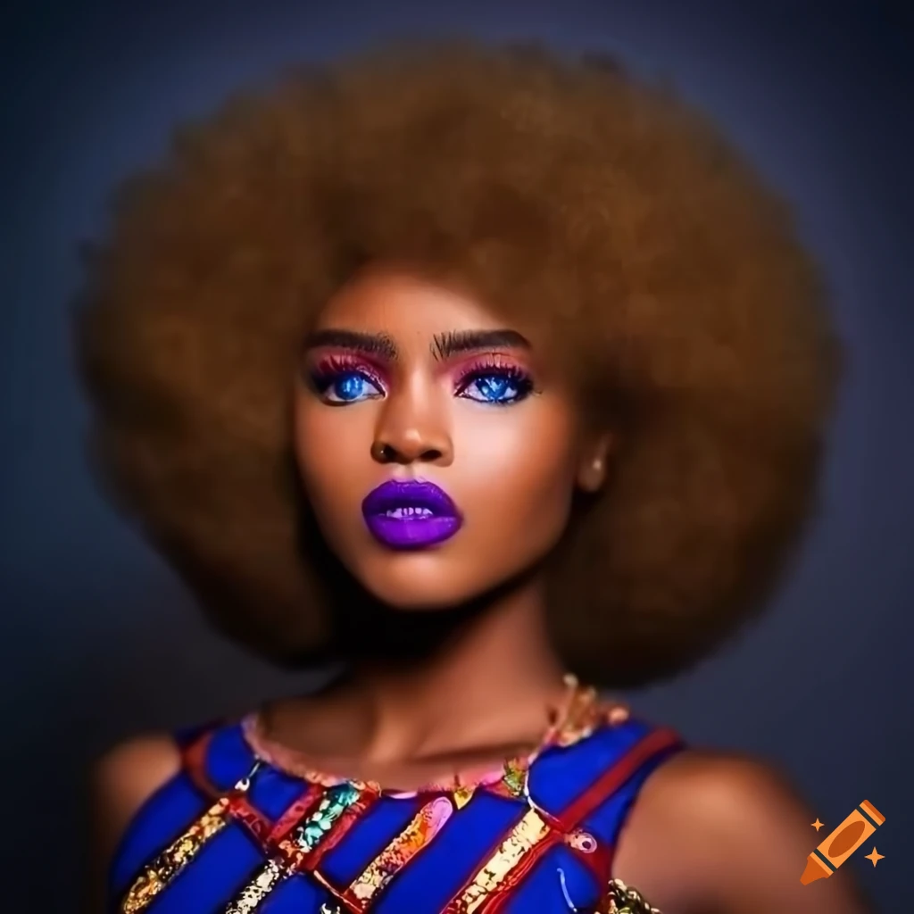 Portrait of a stunning girl with afro hair, big lips, and blue eyes on ...