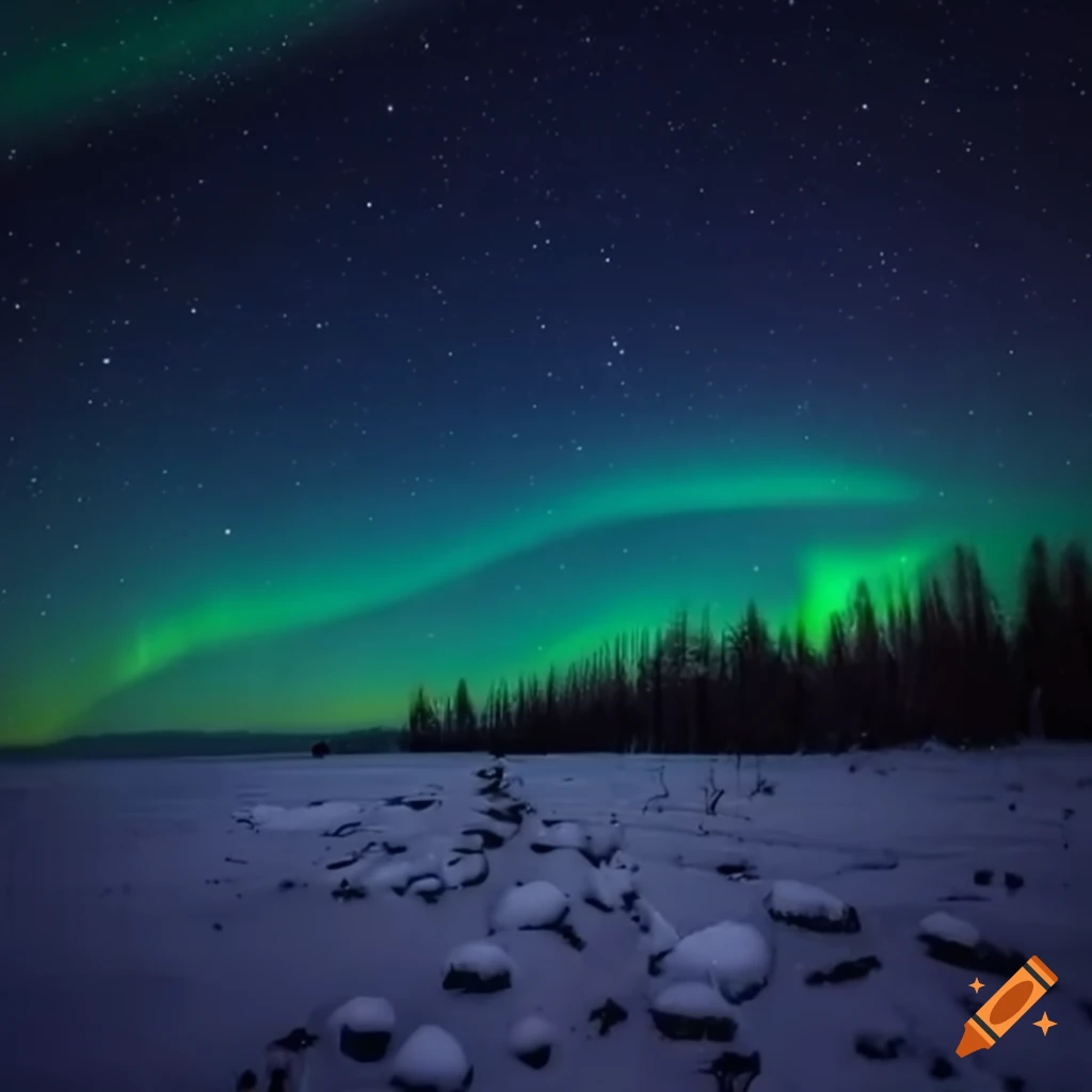 Night sky filled with stars and aurora over snowy landscape