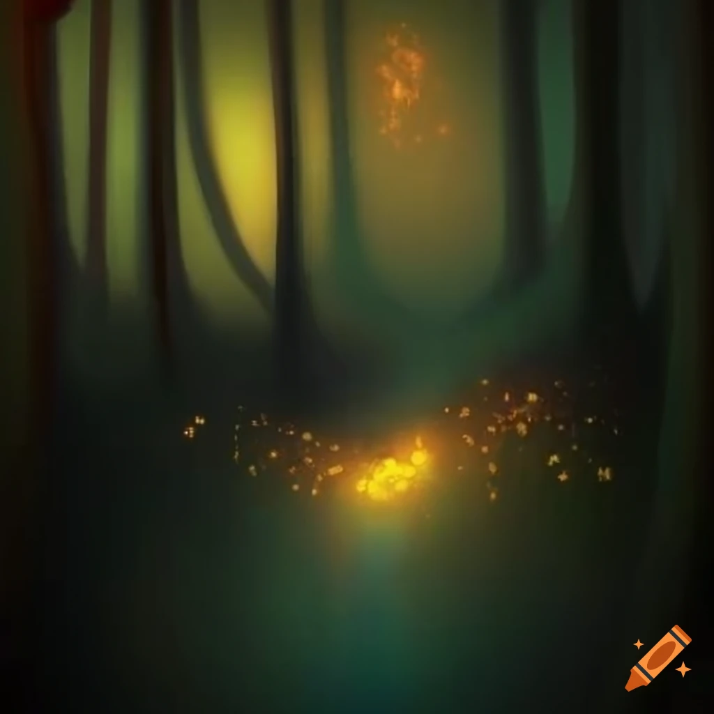 Path lit by fireflies in a dark forest with detailed blooming on craiyon