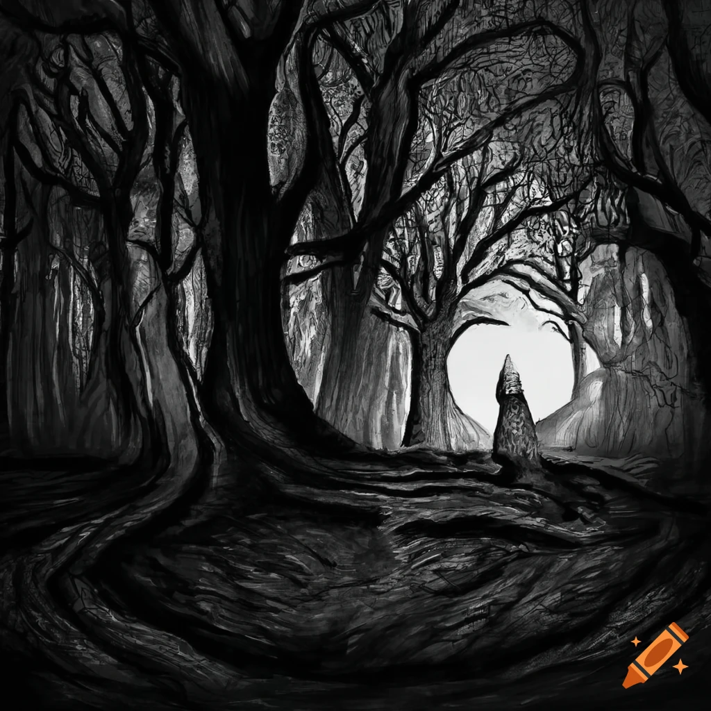 Detailed black and white ink painting of an ancient oak forest at night