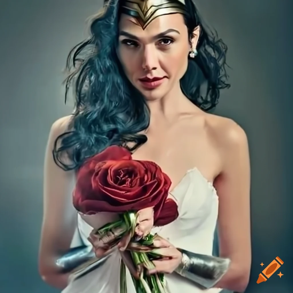 Gal Gadot as Wonder Woman in a white wedding dress with bouquet of roses on  Craiyon, image size:1024x1024