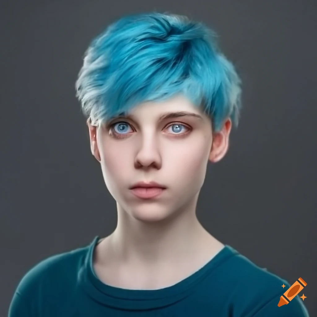 Portrait of a greeneyed, bluehaired, thin, femininelooking caucasian person on Craiyon