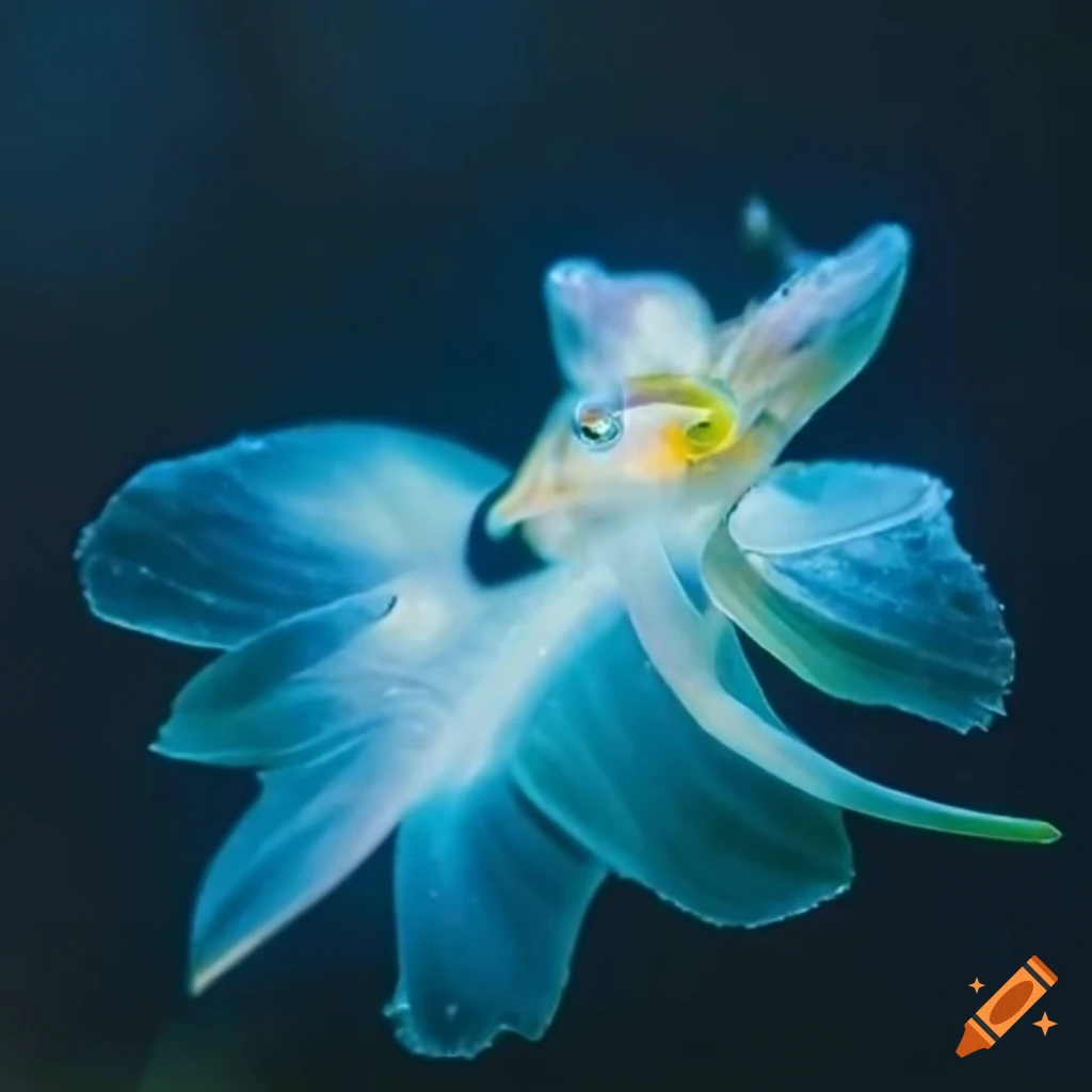 Translucent and iridescent squid-like deep-sea creature underwater
