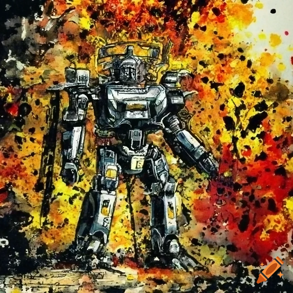 Mecha robot in a post apocalyptic Japanese ink illustration