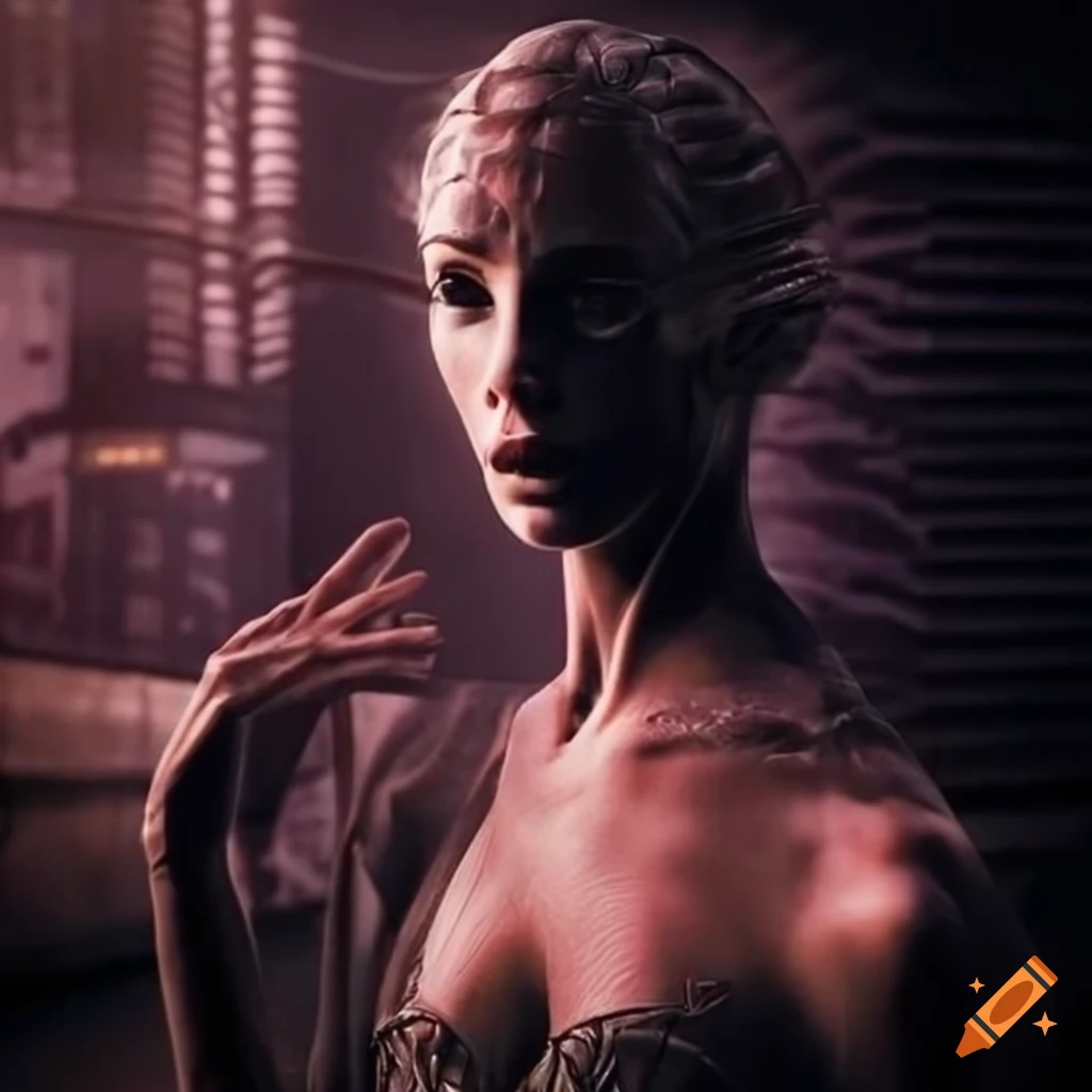 Ballerina in a futuristic city with Giger style