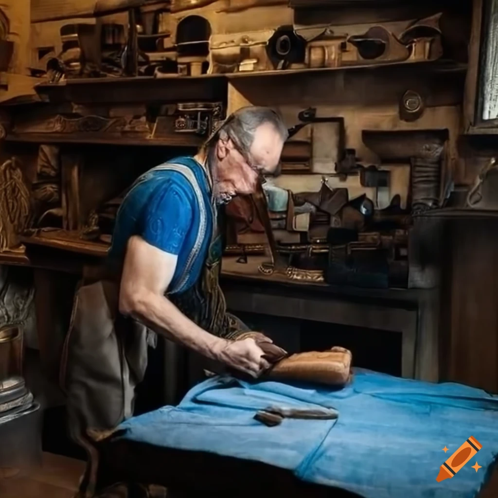 Leather craftsman working on a luxurious blue bag