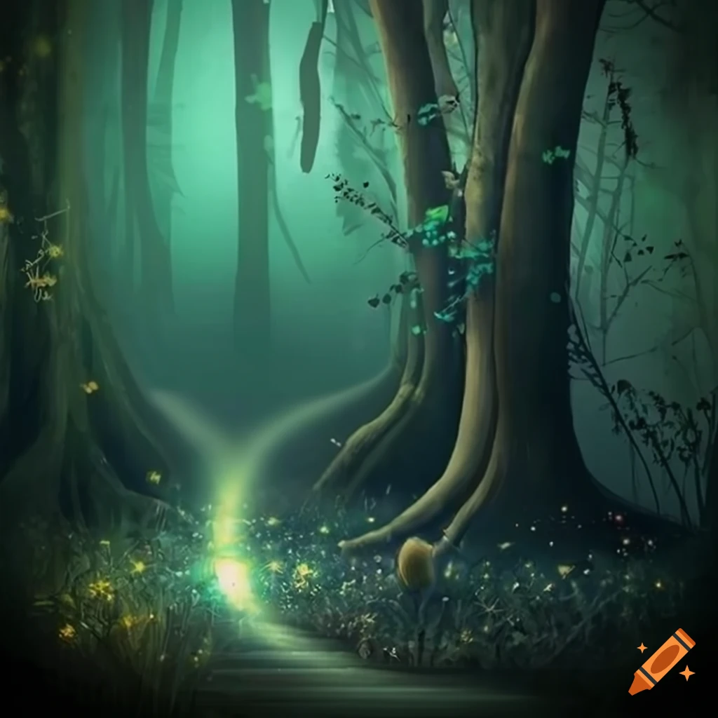 Path lit by fireflies in an enchanted forest with glowing silver and ...