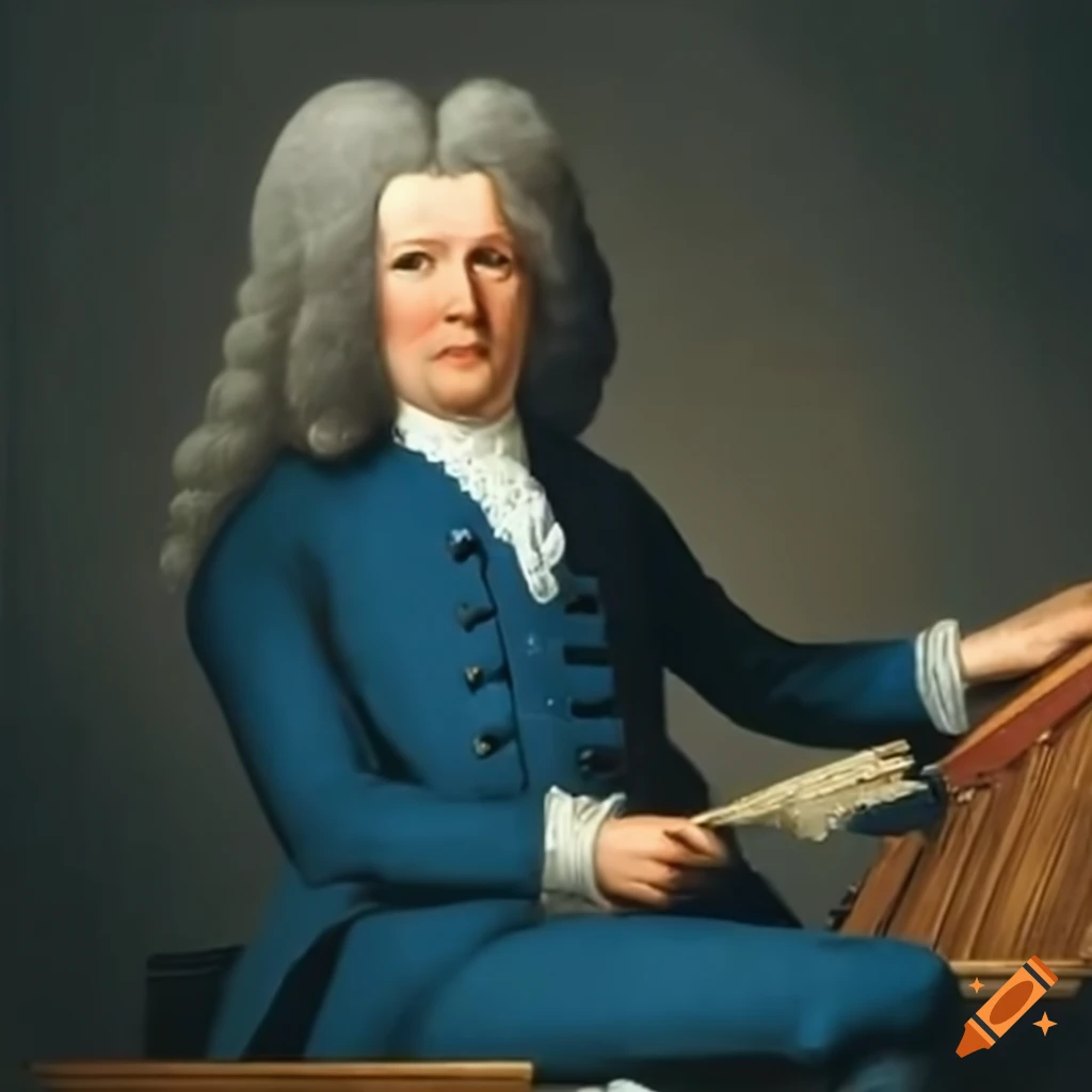 J.S. Bach playing multiple instruments in a blue 18th century suit