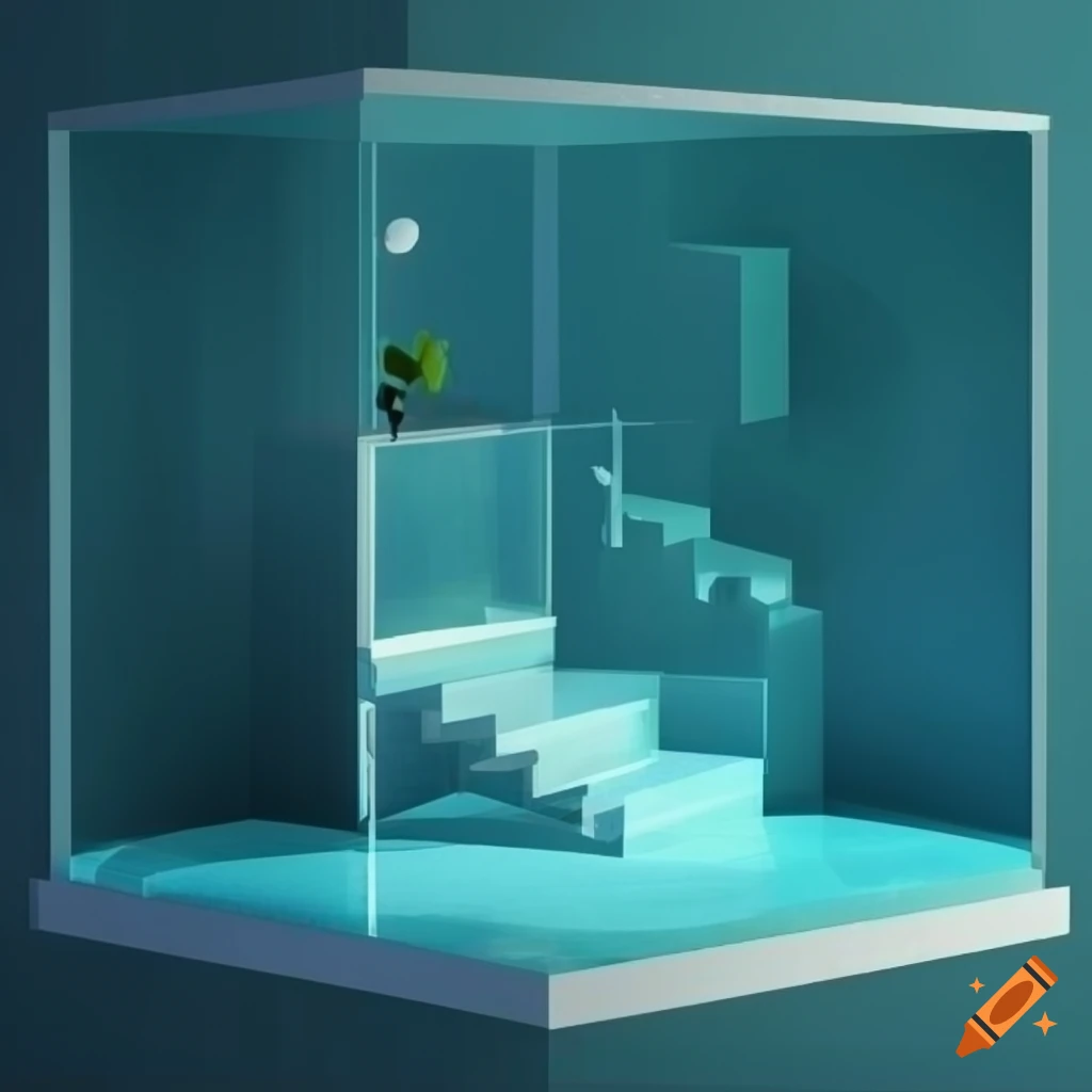 Isometric room with glass and stairs leading to a pool