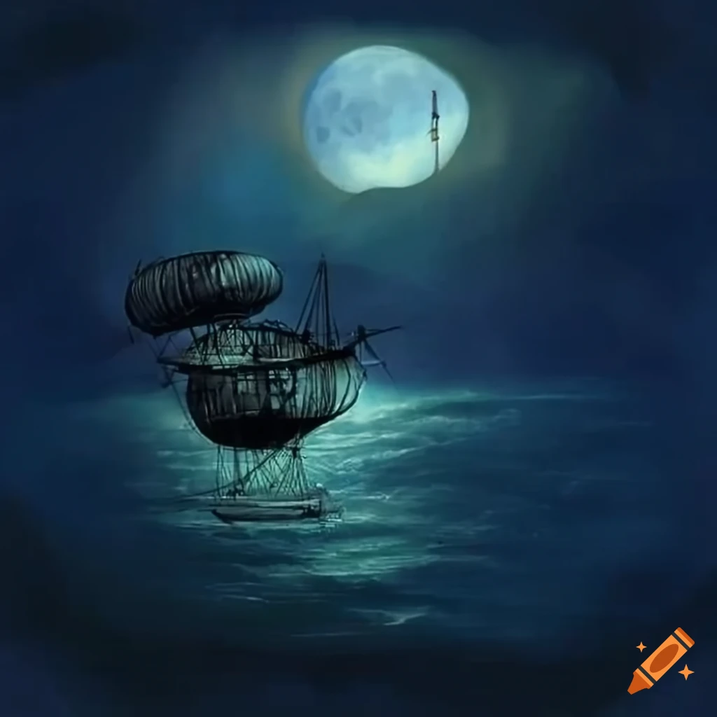 Mighty fantasy crew flying in an airship under a full moon over the sea