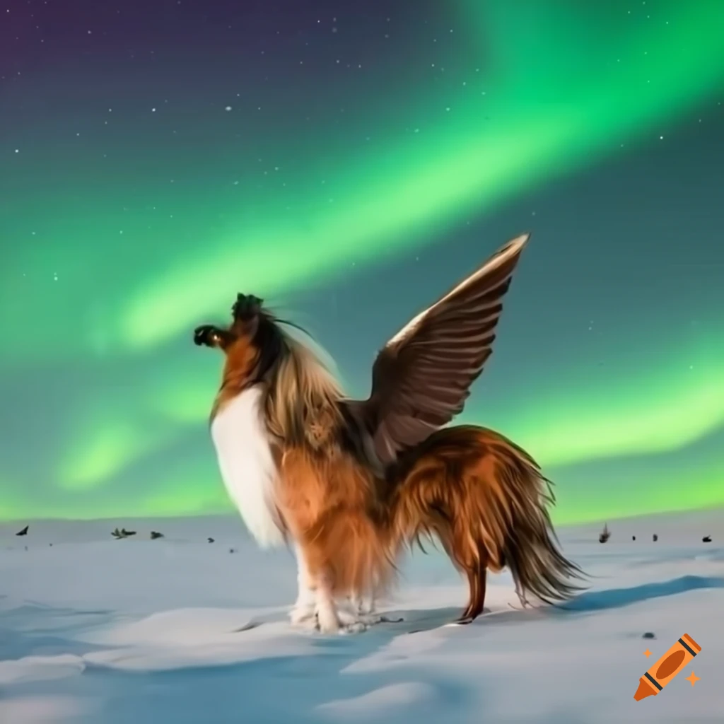 Brown long haired collie with angel wings flying under the northern lights