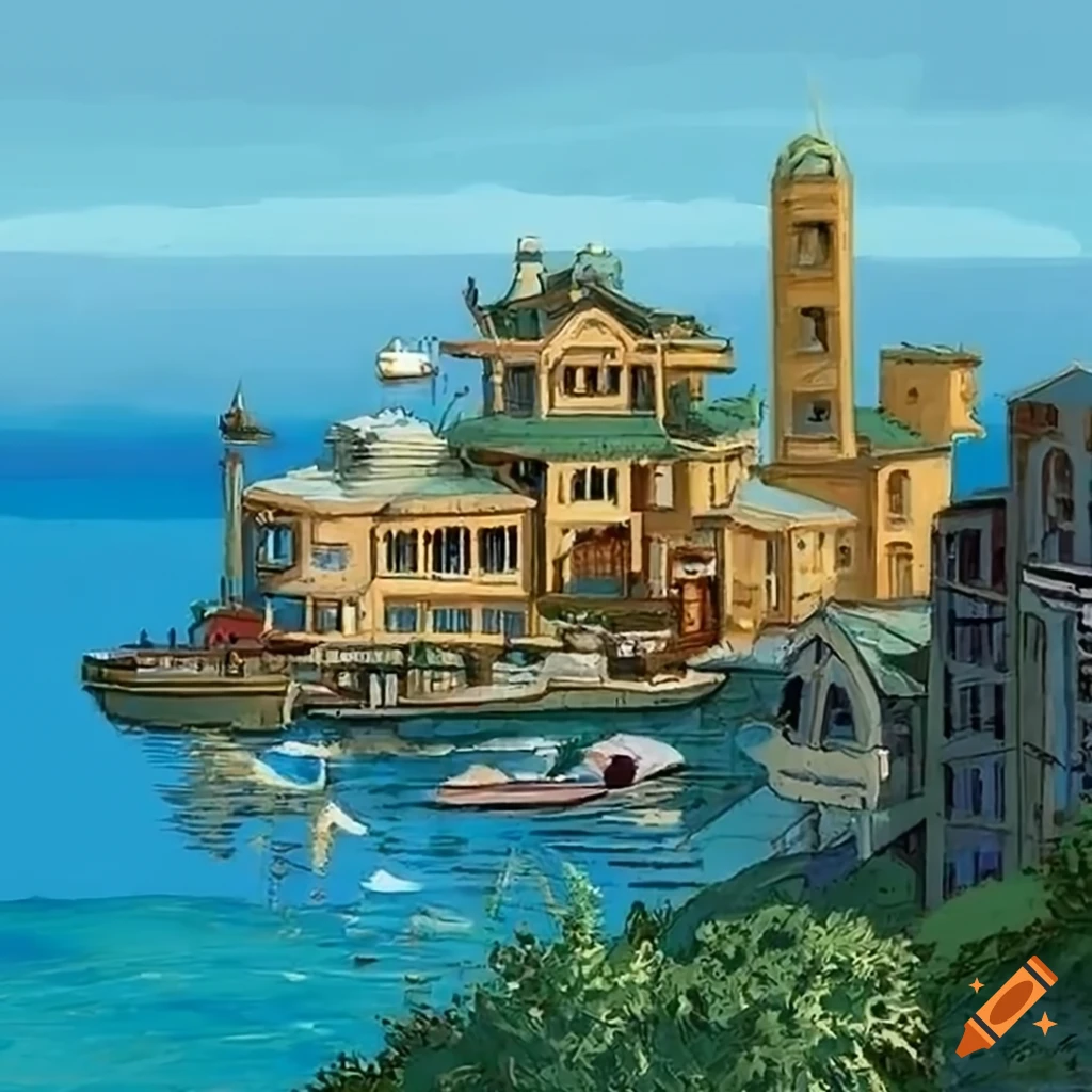 19th century coastal city in ghibli style