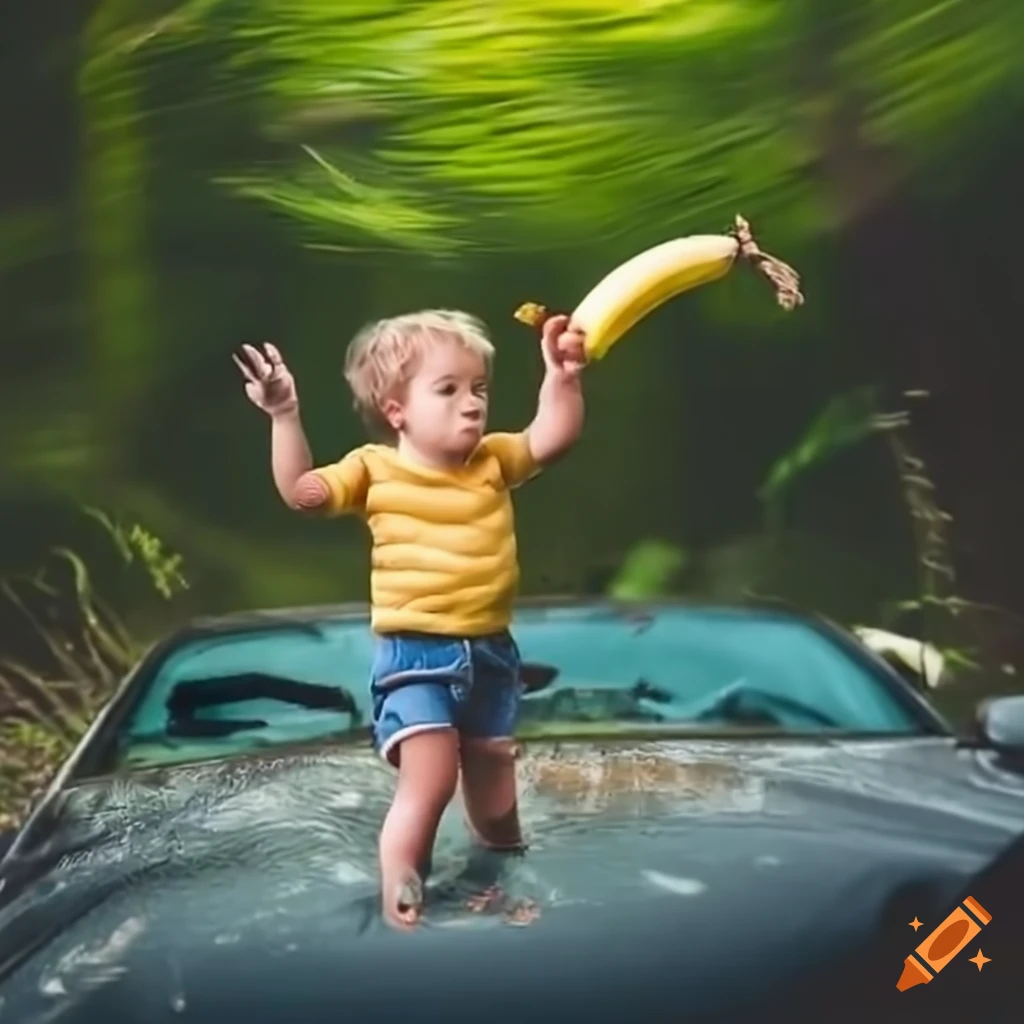 Toddler throwing bananas at gorillas on a car windscreen on Craiyon