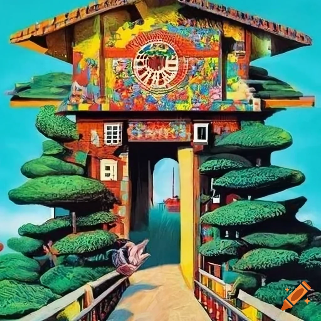 Steezy Zen garden Architecture Poster in lsd 'cuckoo clock' style by Norman Rockwell