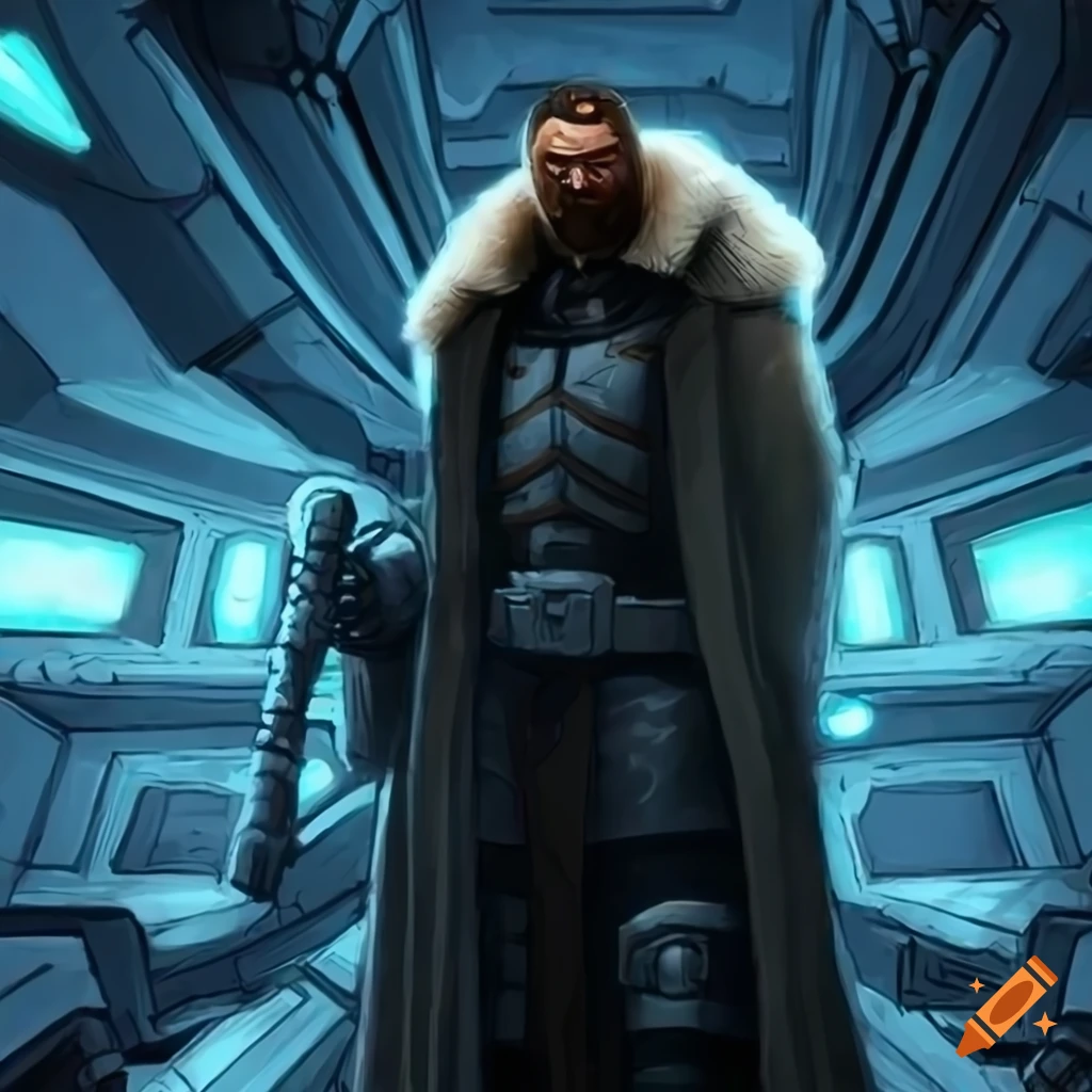 Male rogue trader in futuristic black armor and fur cloak inside a spaceship