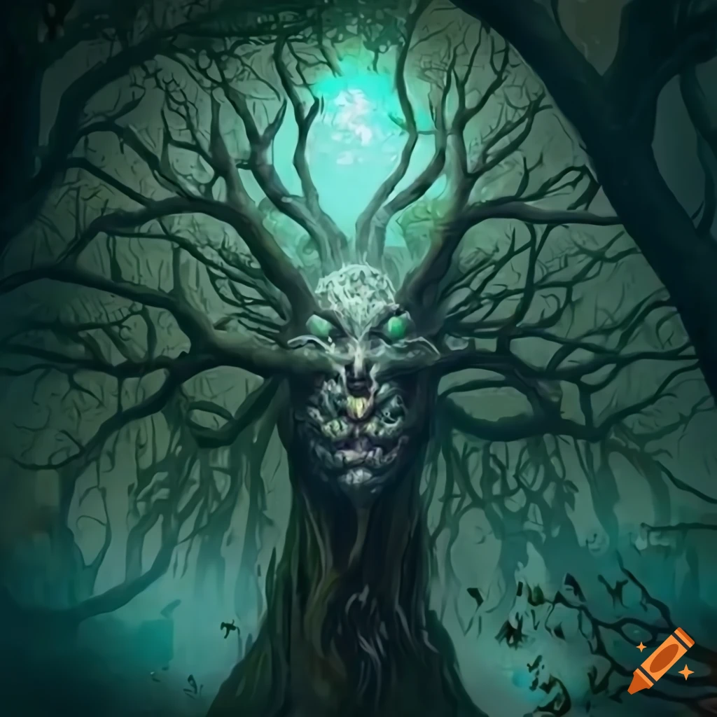 Tree-spirit fantasy design with sharp contrasts on Craiyon