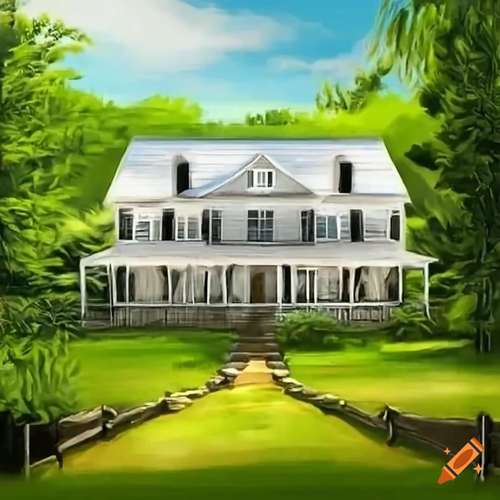 Charming white farmhouse with lush greenery and wraparound porch on Craiyon