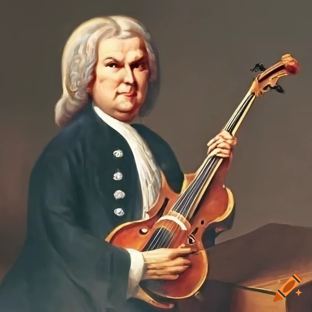 Portrait of composer J.S.Bach playing multiple instruments on Craiyon