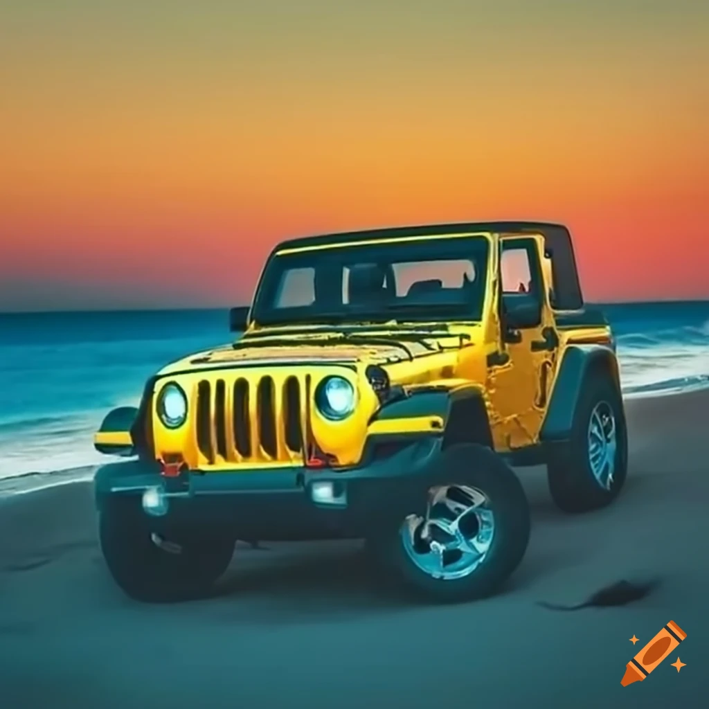 Bright yellow 2 door jeep wrangler on a beach on Craiyon