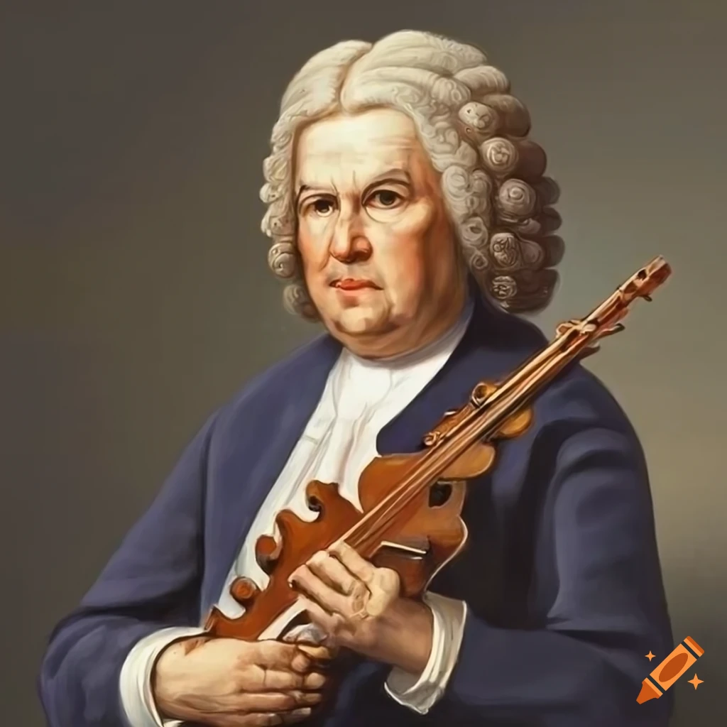 Portrait of composer j.s.bach playing multiple instruments on Craiyon