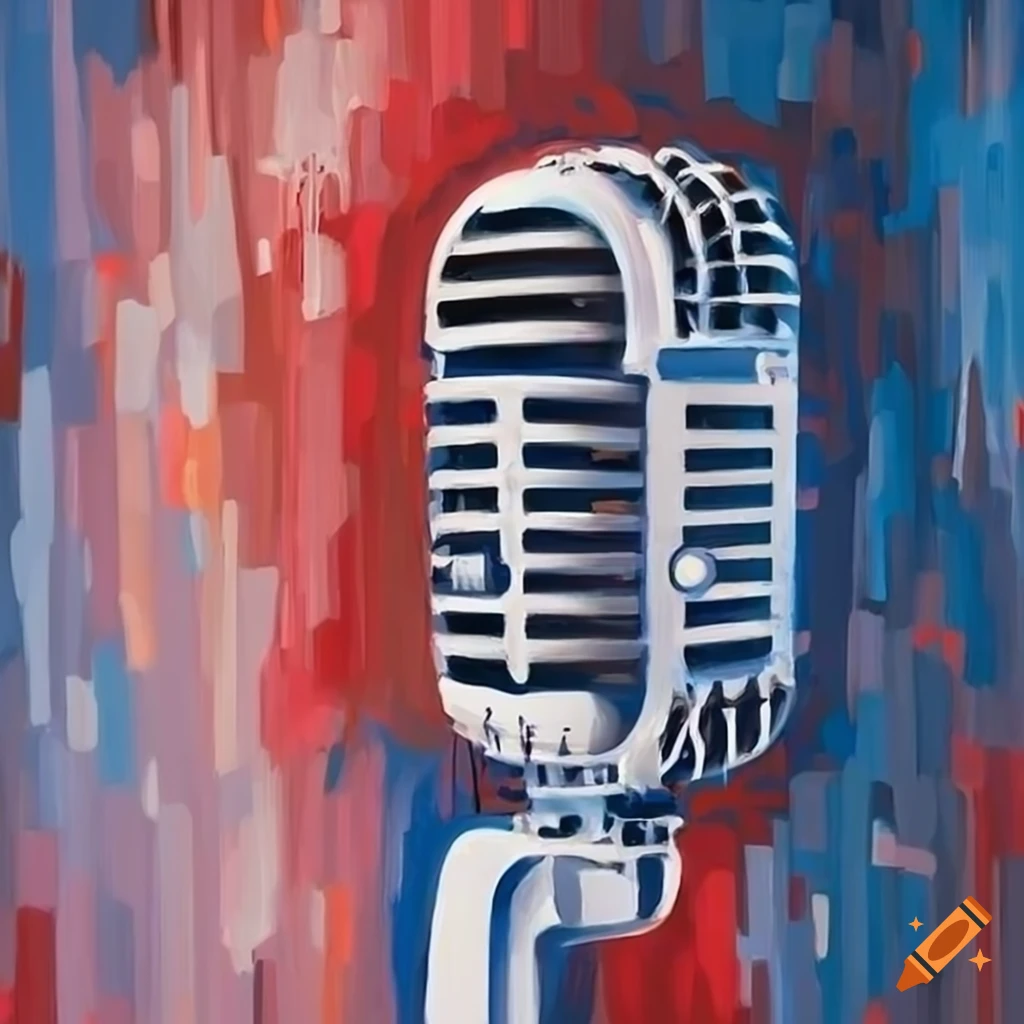Post-modern painting of a podcasting microphone with red, white, and blue components