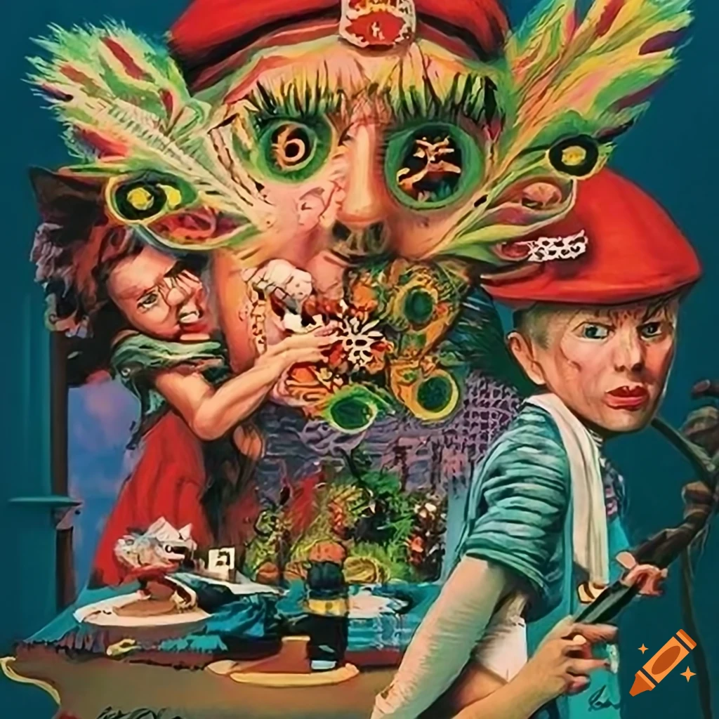 Vibrant poster in lsd cuckoo clock style by Norman Rockwell