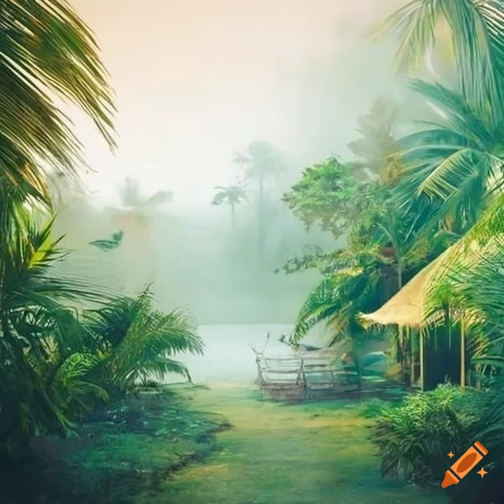 Dreamy tropical oasis with fog on Craiyon