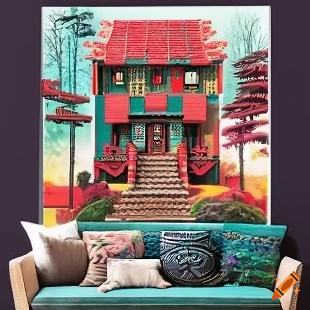 Steezy Zen garden Architecture Poster in graphic novel style by Norman Rockwell