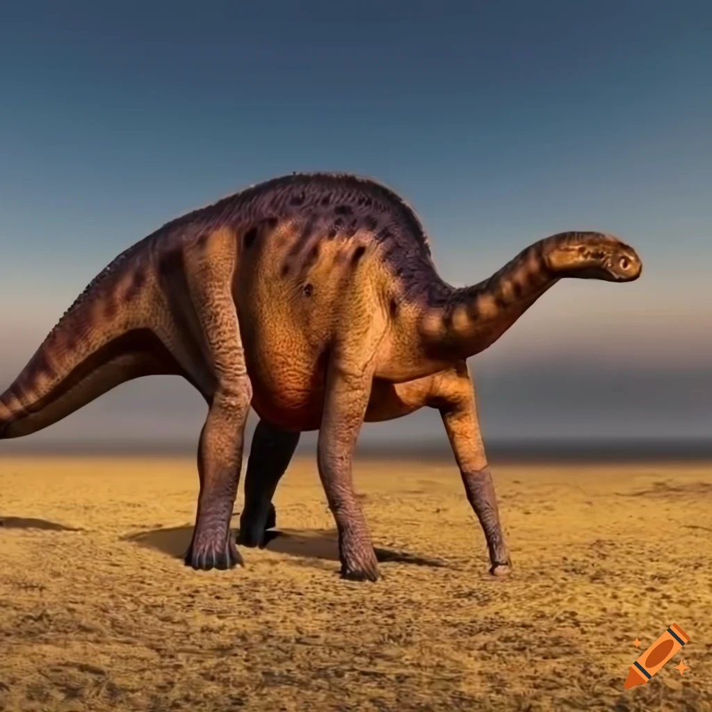 Hefty Hadrosaurus dinosaur with intricate motley color pattern and elephant-like skin texture in warm morning light