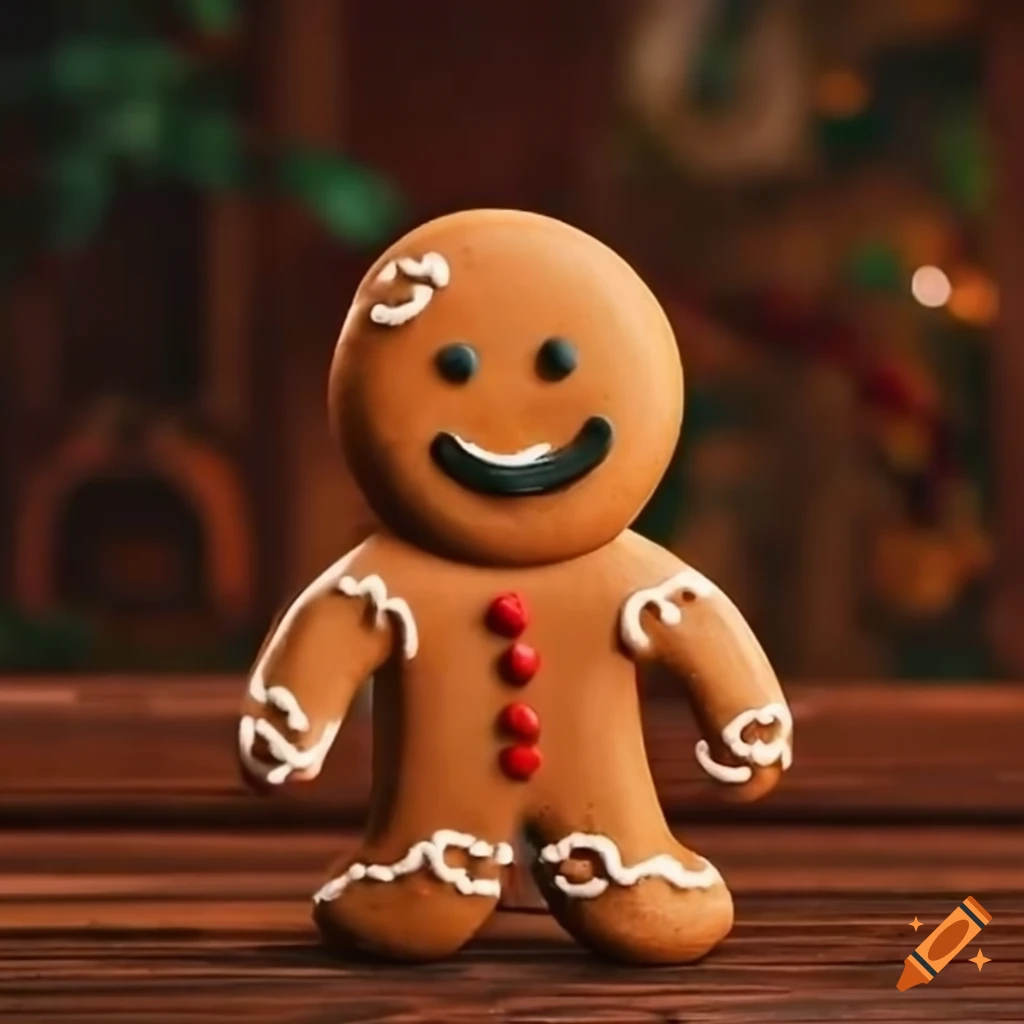 Cute gingerbread man in front of cozy house with a porch