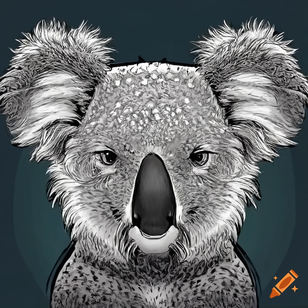 Strong and mature koala portrait in monochromatic comic style