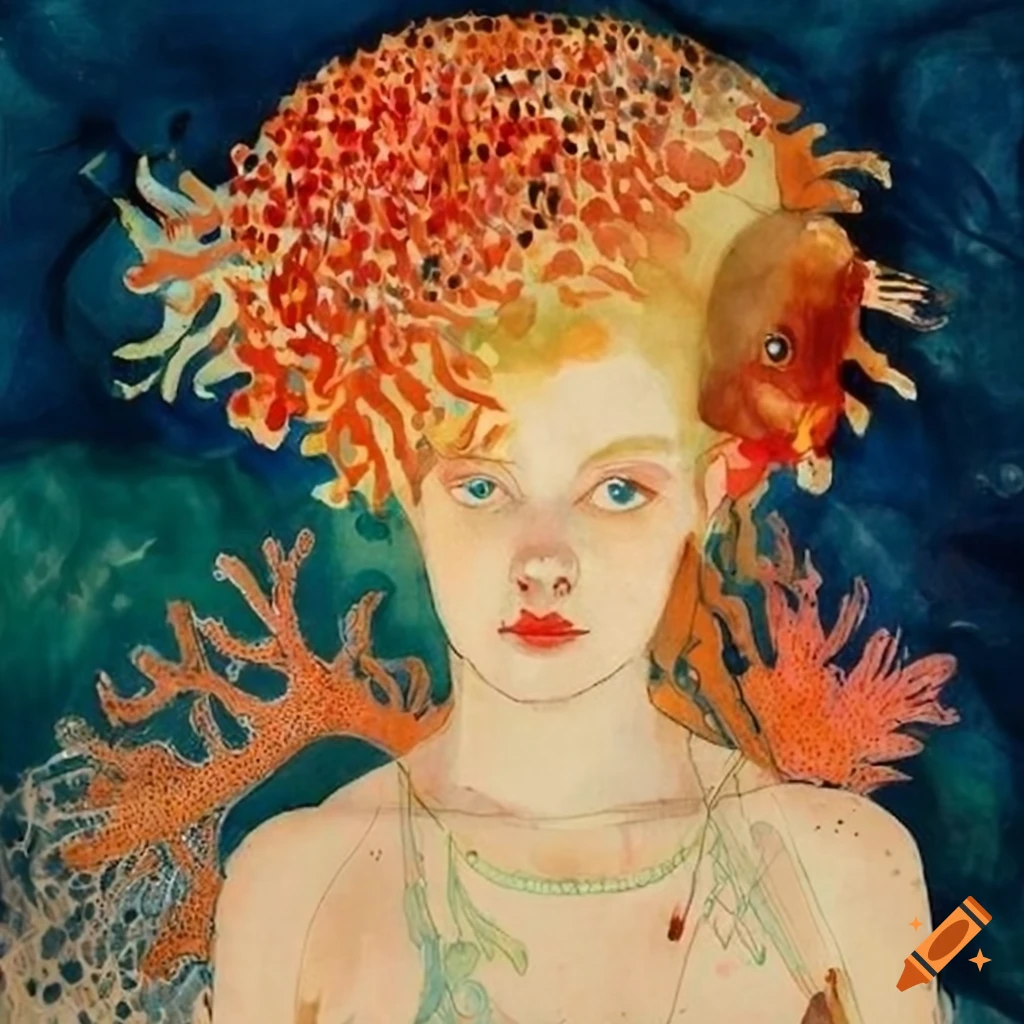 Portrait of Arianrhod with coral and swimming fish in her hair, fashion  drawing in ink and watercolor on Craiyon, image size:1024x1024