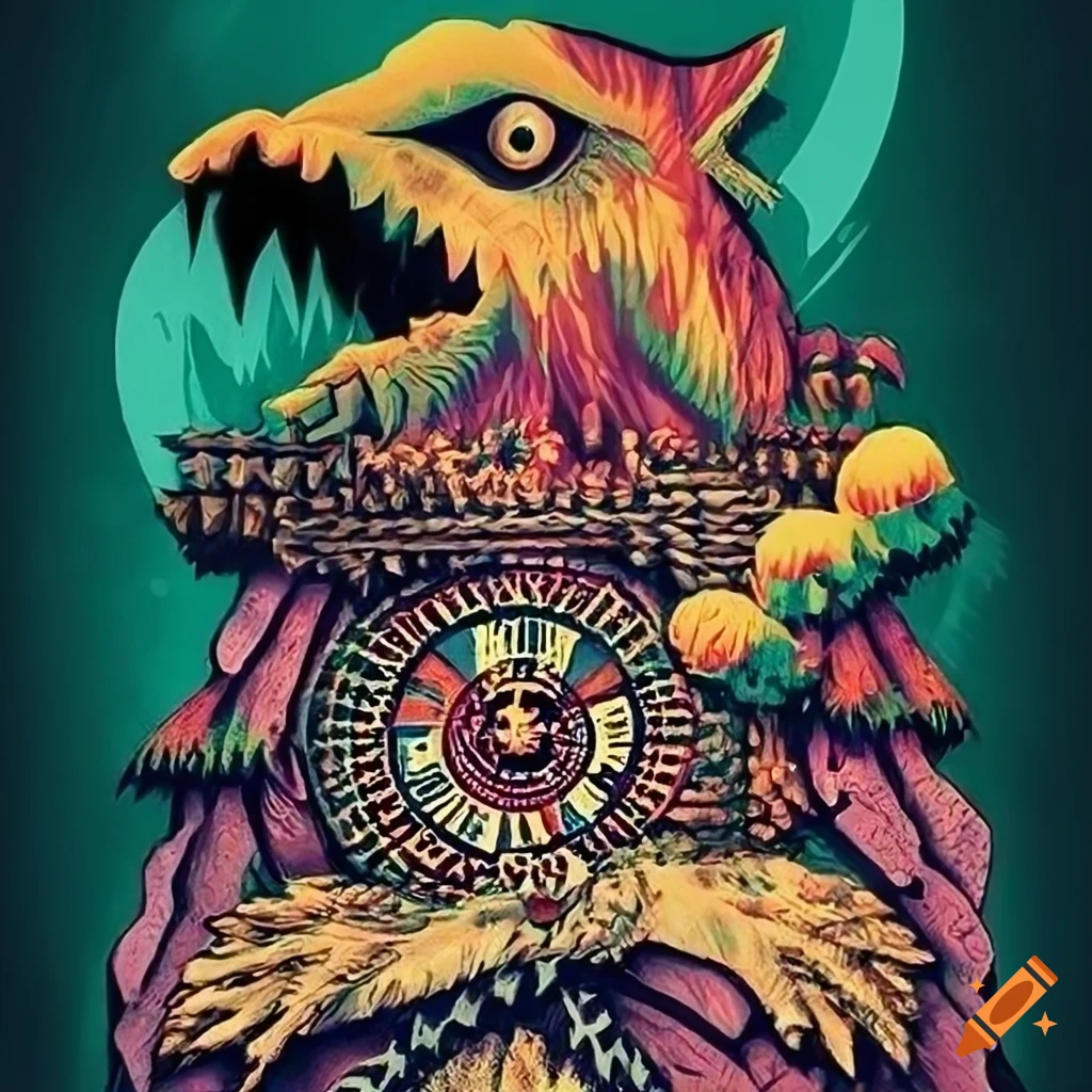 Vivacious Alpine Poster with 'cuckoo clock' style influenced by graphic novel and wood carving of good and evil