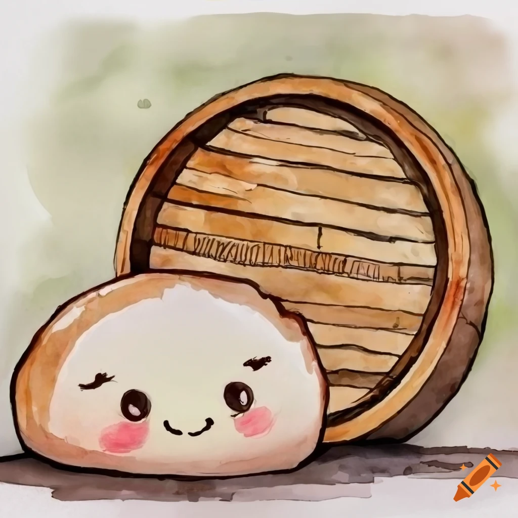 Two cute steamed buns in a bamboo steamer on Craiyon