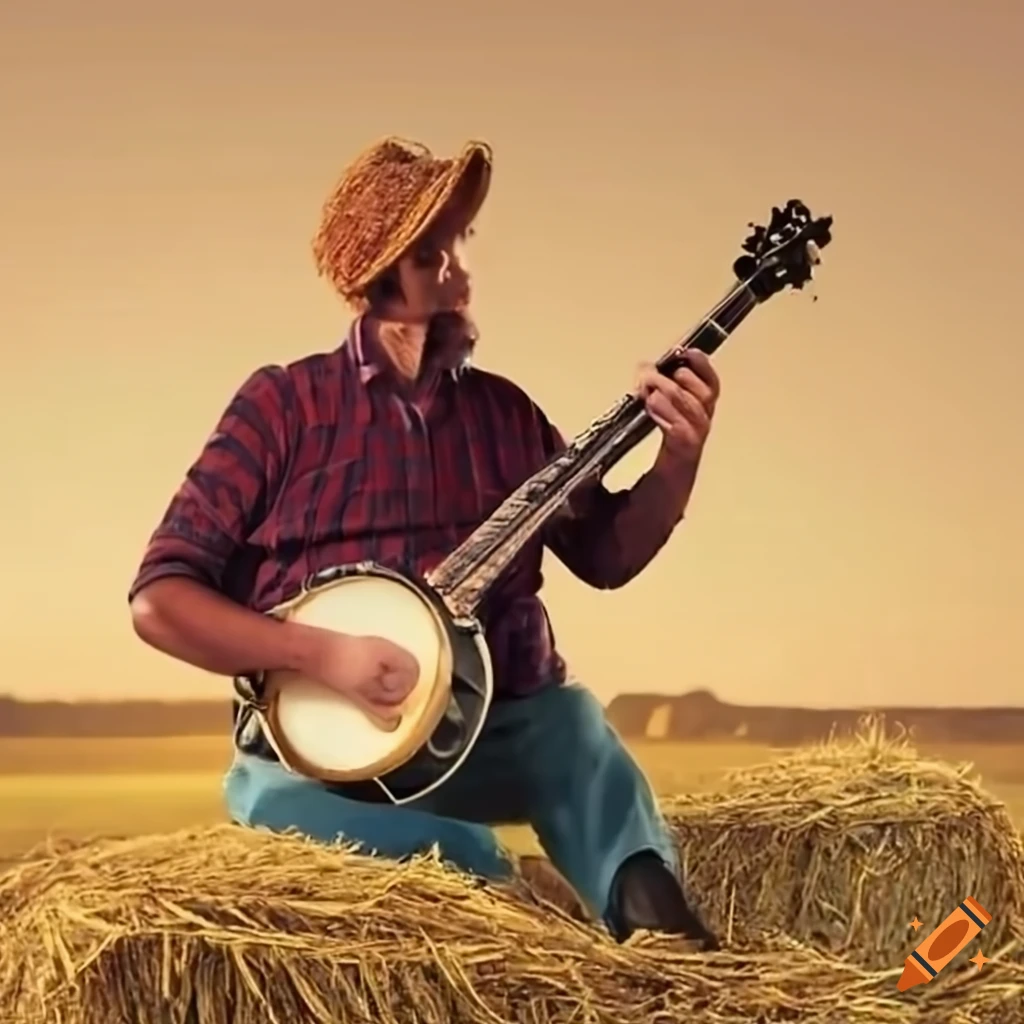 Man playing banjo and chewing hay on a farm on Craiyon