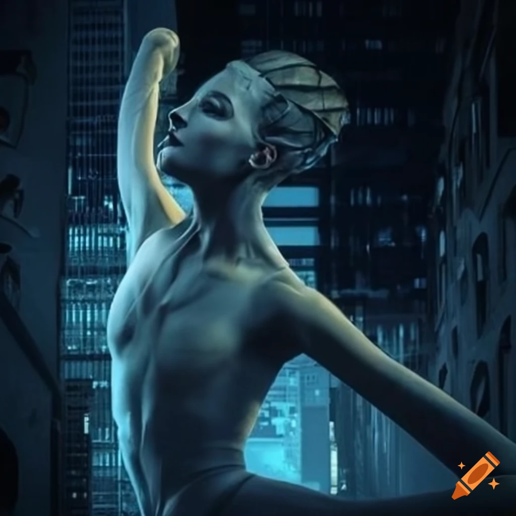 Ballerina in a futuristic city with Giger style