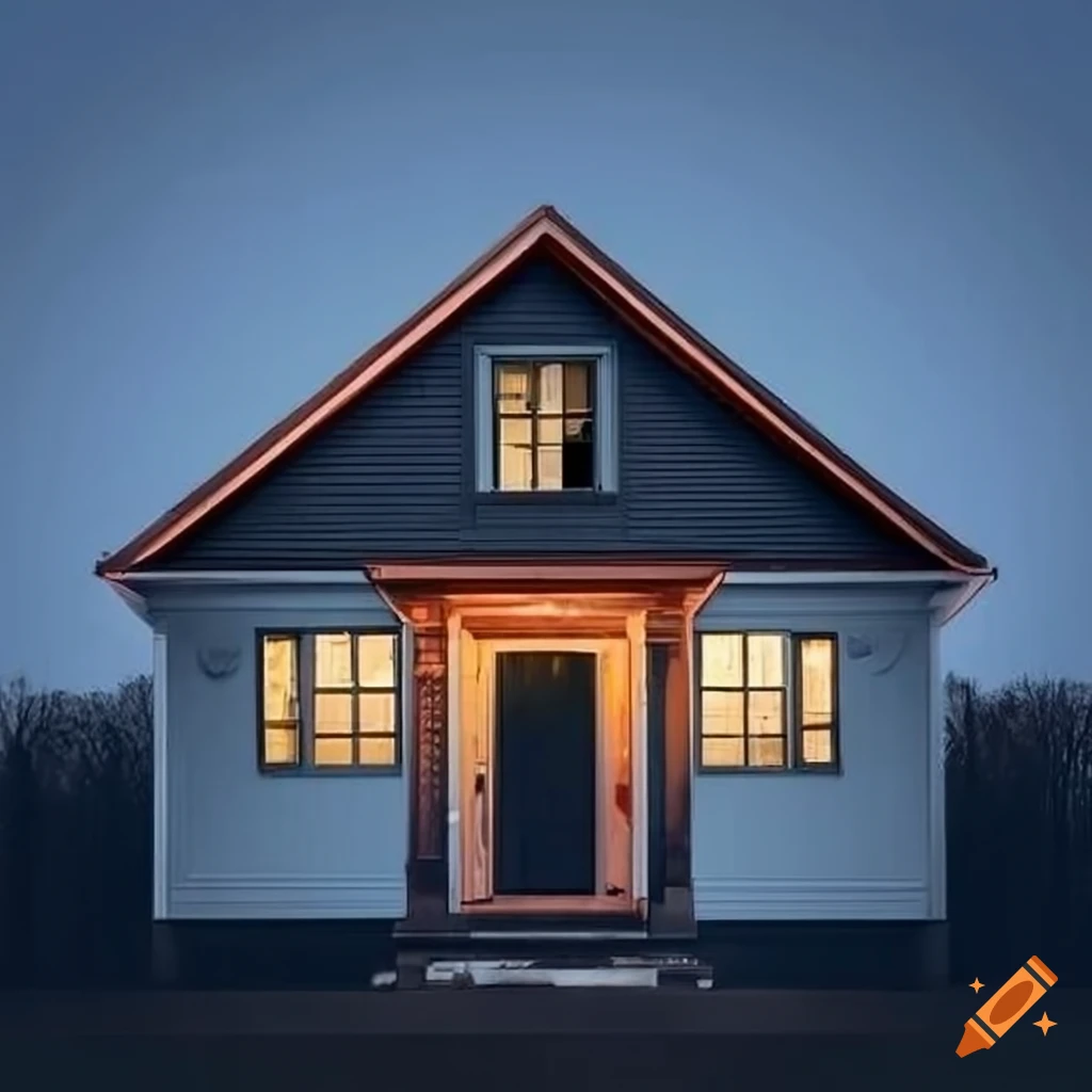 Exterior of a white house with dark grey roof, copper gutters, and dark grey door on Craiyon