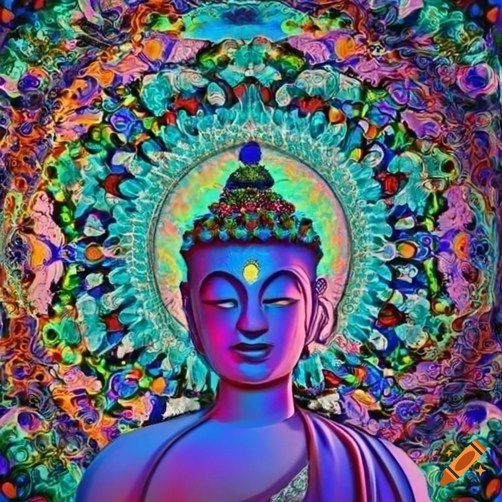 Colorful psychedelic buddha meditating surrounded by abstract mandala ...