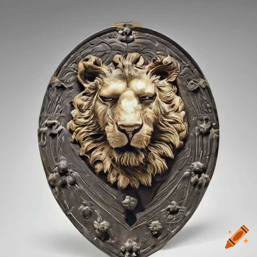 Intricately crafted lion-head metal shield on Craiyon