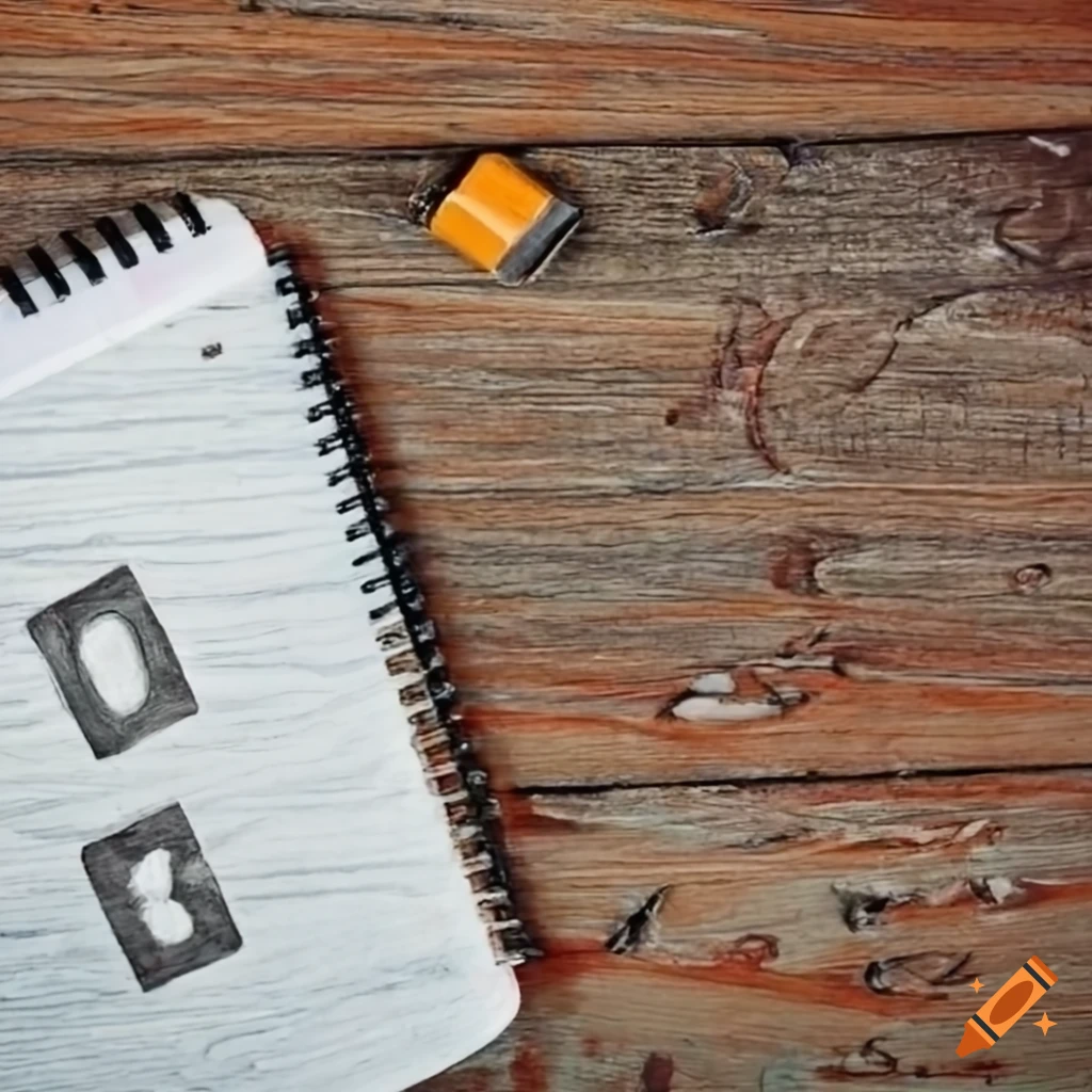 Worn wooden background with grey scribble on notebook cover and pencil