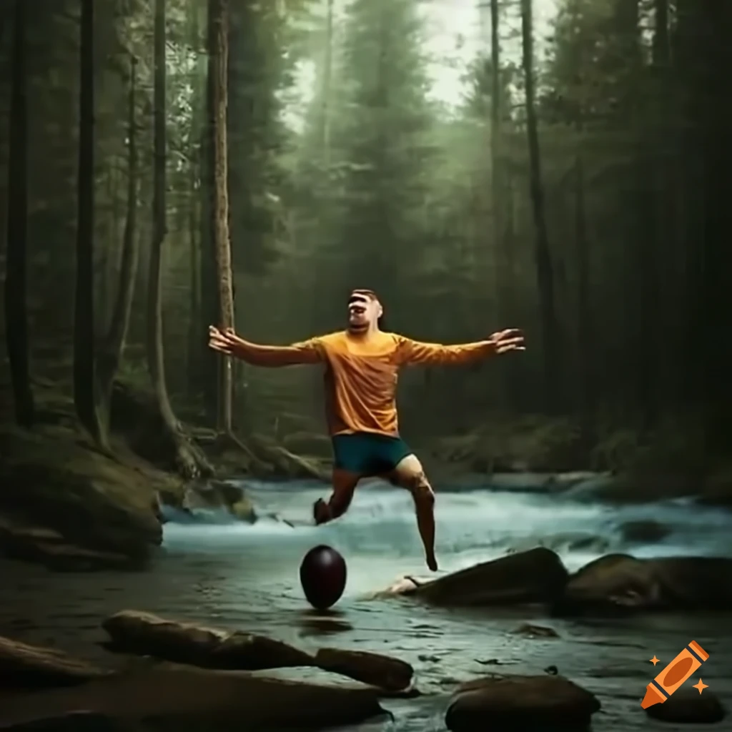 Tall guy throwing football over cabin in woods by creek on Craiyon